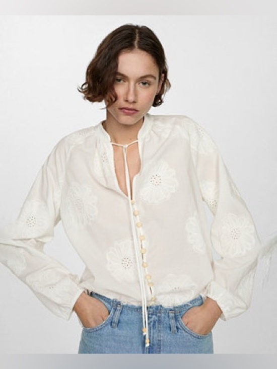Mango Tops - MANGO Floral Embroidered Blouse with Bow